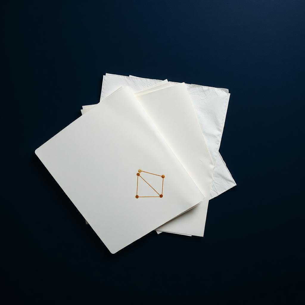 Layered research papers with gold molecular line art